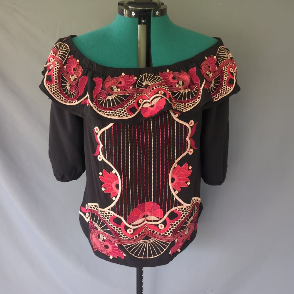 Skies Are Blue Black Embroidered Boho Off Shoulder Peasant Blouse